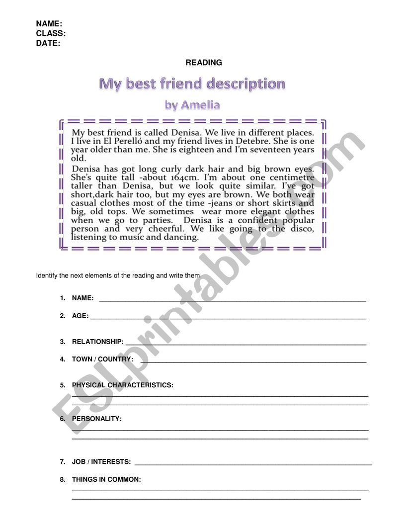 Description of a person worksheet