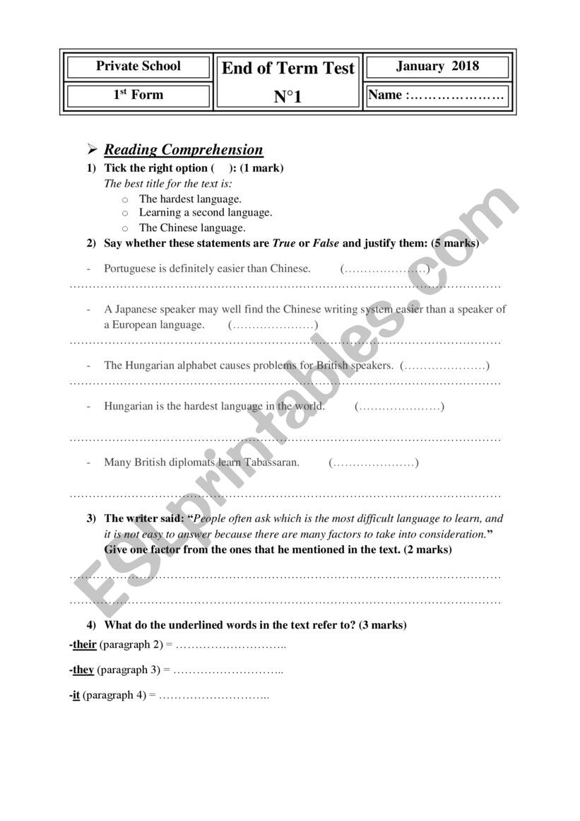 end of term test 1 worksheet