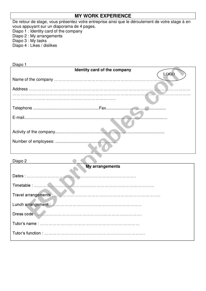 Training session presentation worksheet Training session presentation worksheet