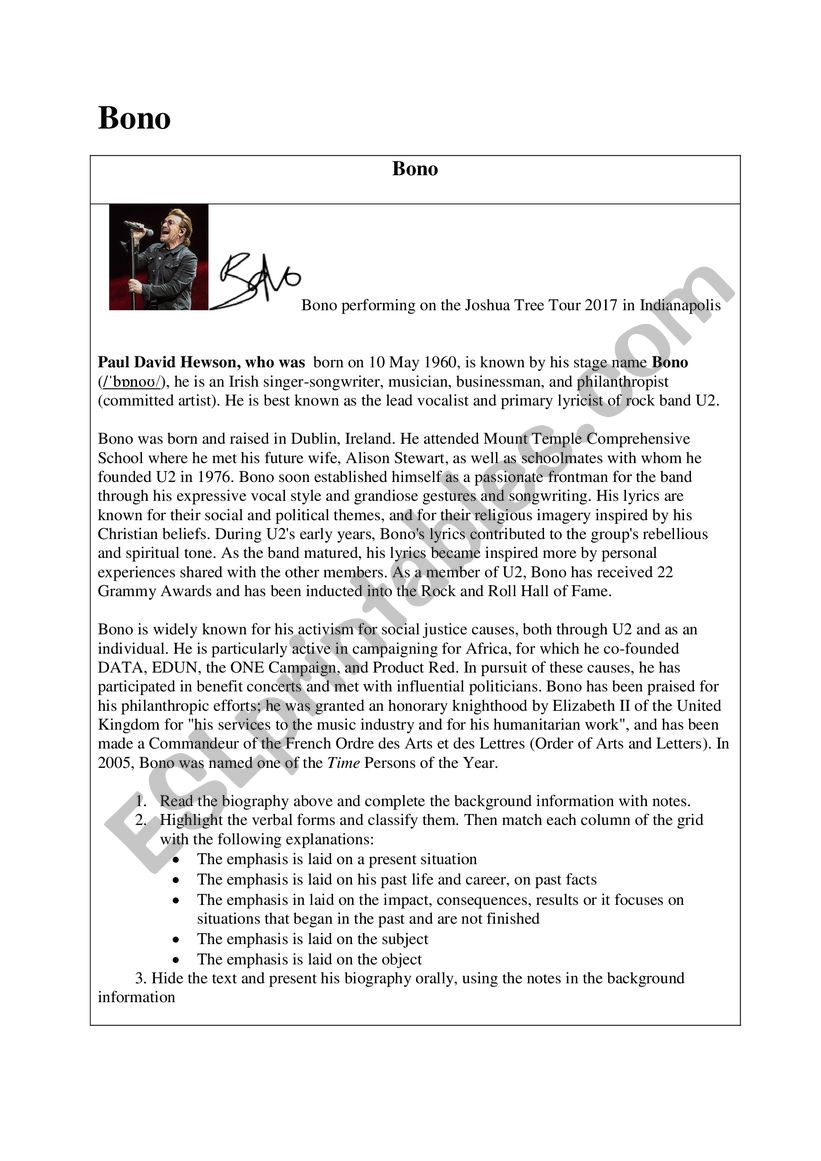 Biography Bono worksheet worksheet