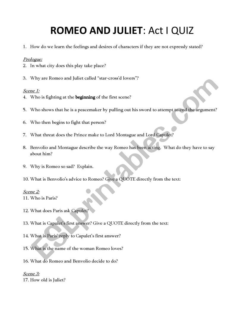 Romeo and Juliet quiz that is great for advanced and ...