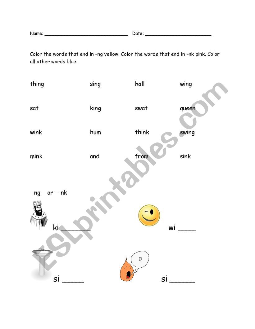 -NK vs -NG endings worksheet