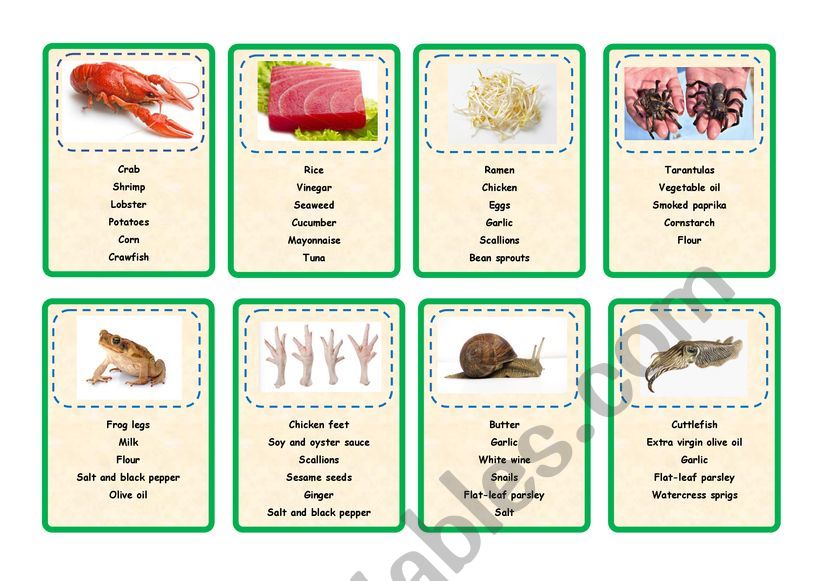 Exotic food recipe cards worksheet