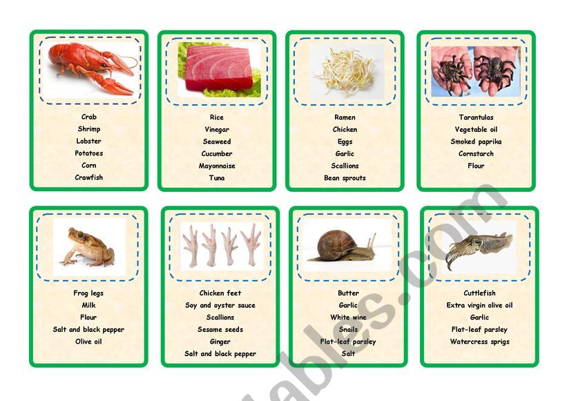 Exotic food recipe cards worksheet
