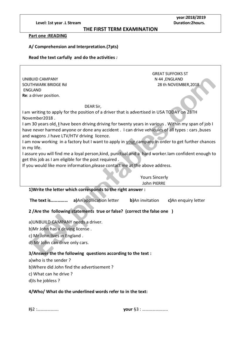 Application letter worksheet