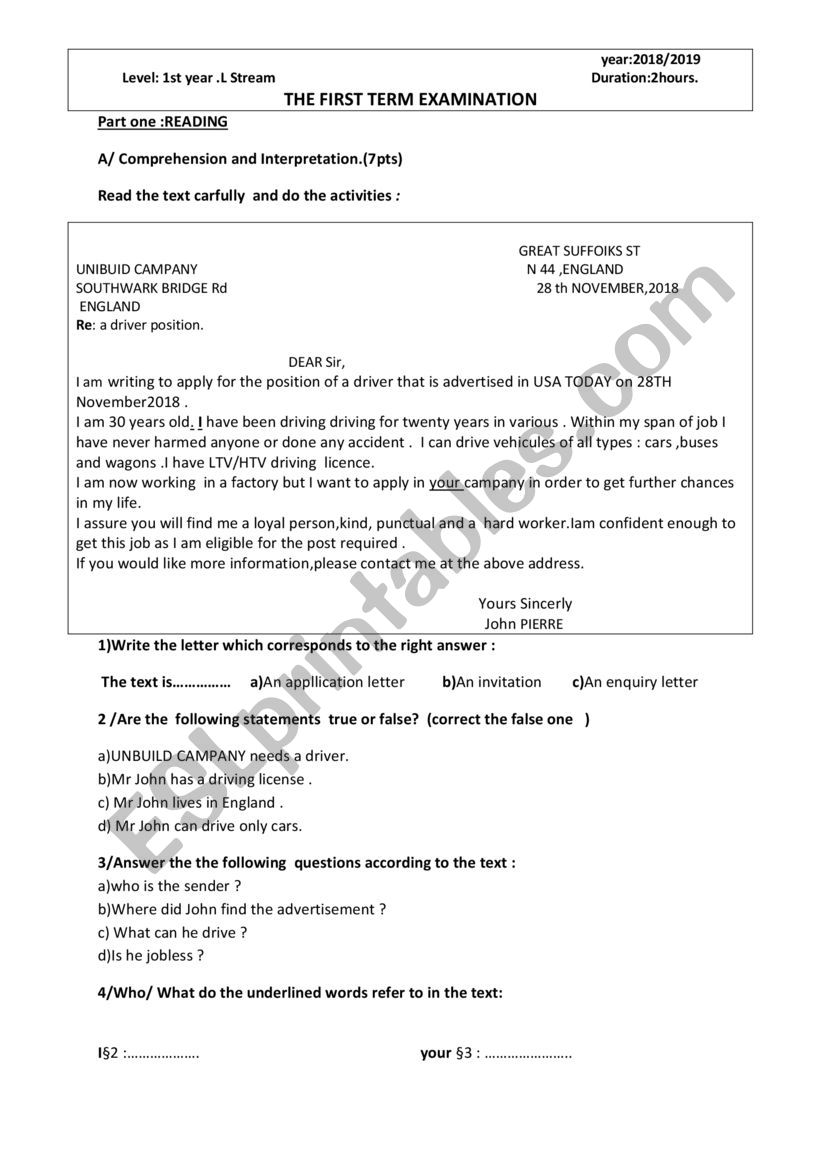 application letter worksheet