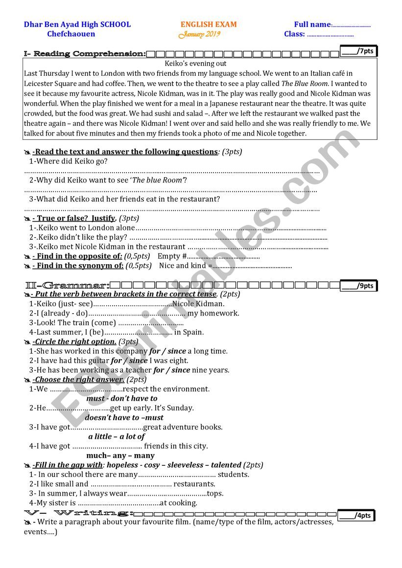 Common Core end of Semester 1 worksheet
