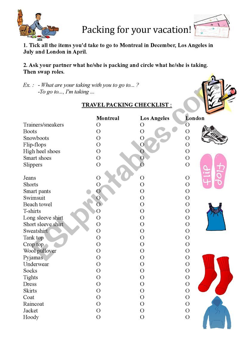 What are you packing? Travel packing checklist for 3 different places + a pair work activity. 