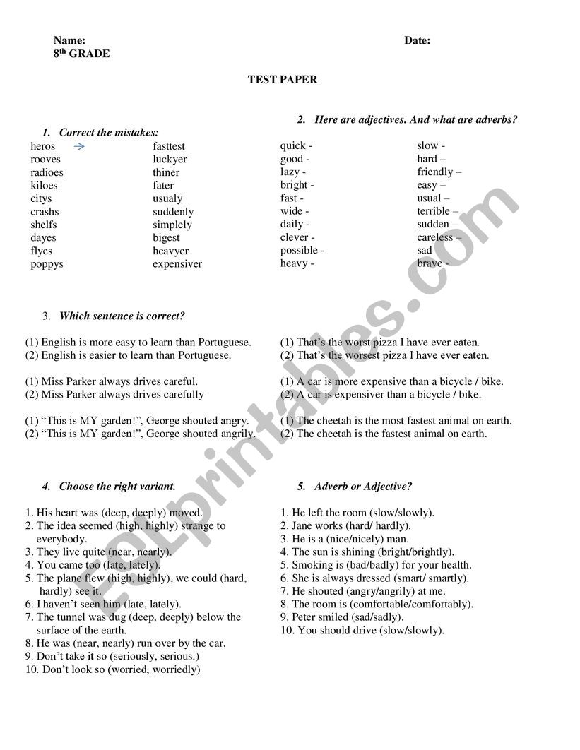 Test paper worksheet