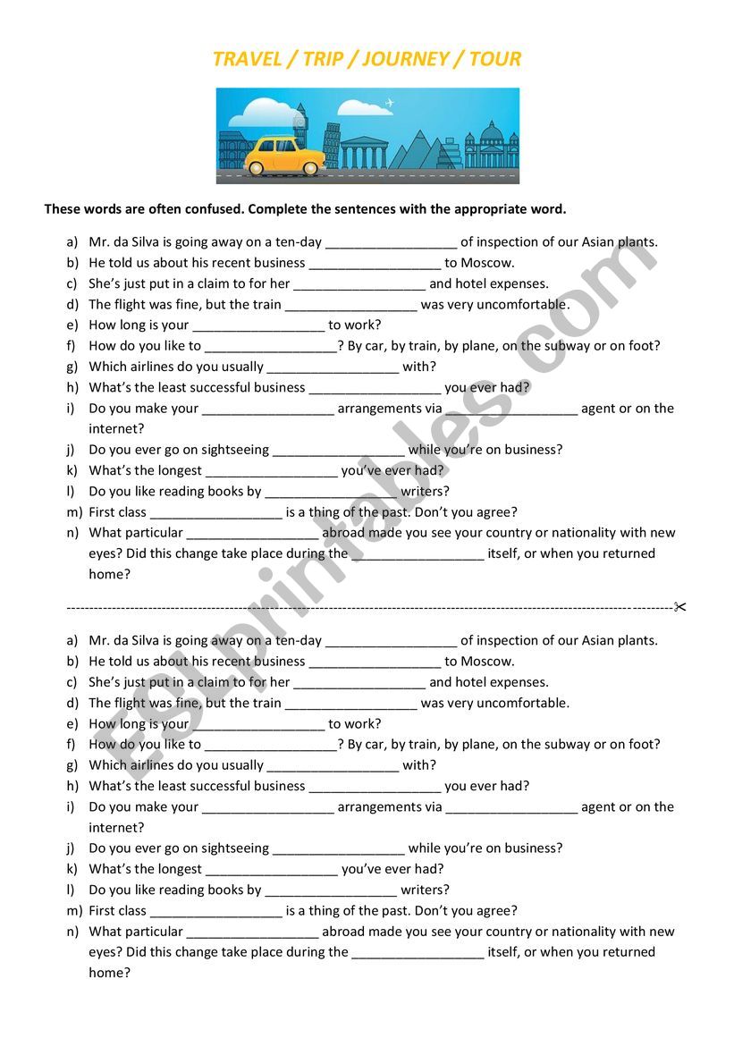 Tourism - travel words 2 worksheet