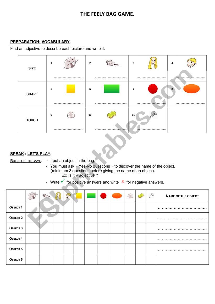 The Feely Bag Game worksheet