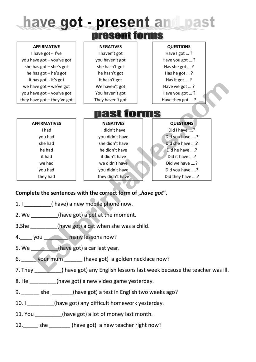 Have got - present and past worksheet