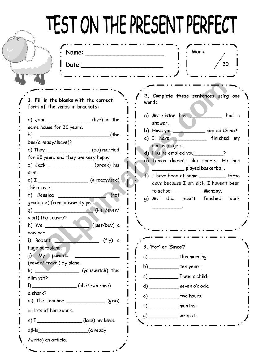 test on the present perfect worksheet