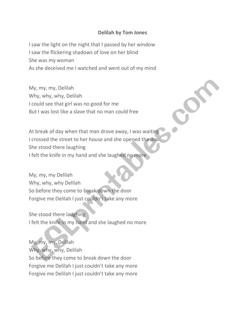 Delilah by Tom Jones  worksheet