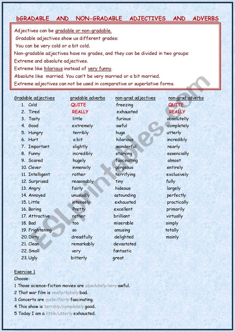 gradable and non-gradable adjectives and adverbs