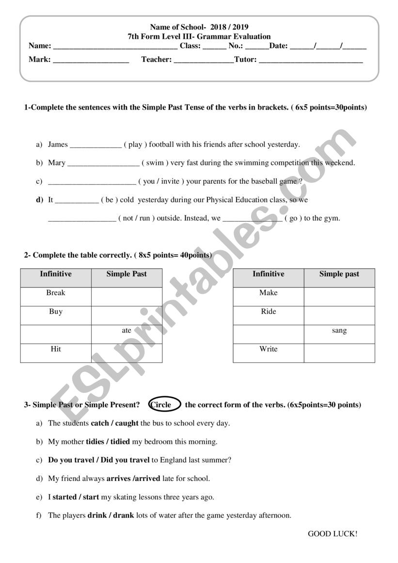 Evaluation on Simple Past worksheet