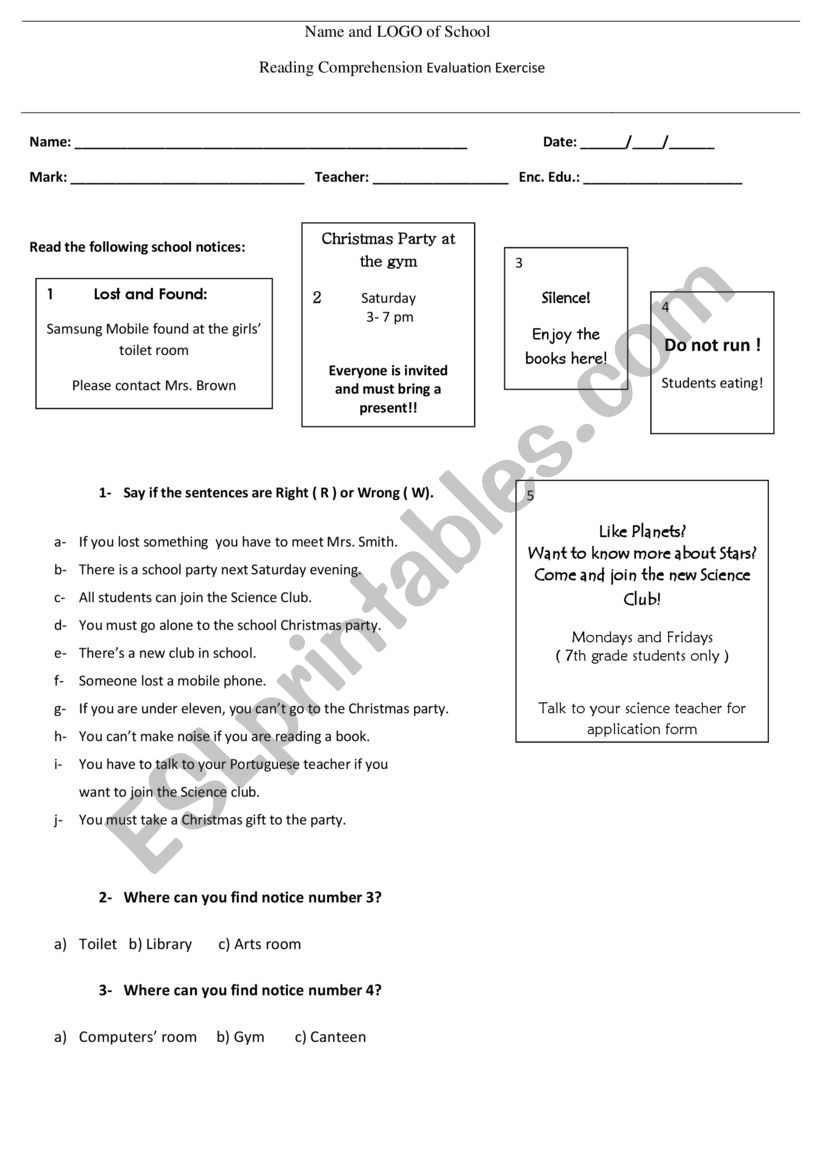 Reading comprehension evaluation exercise on school notices