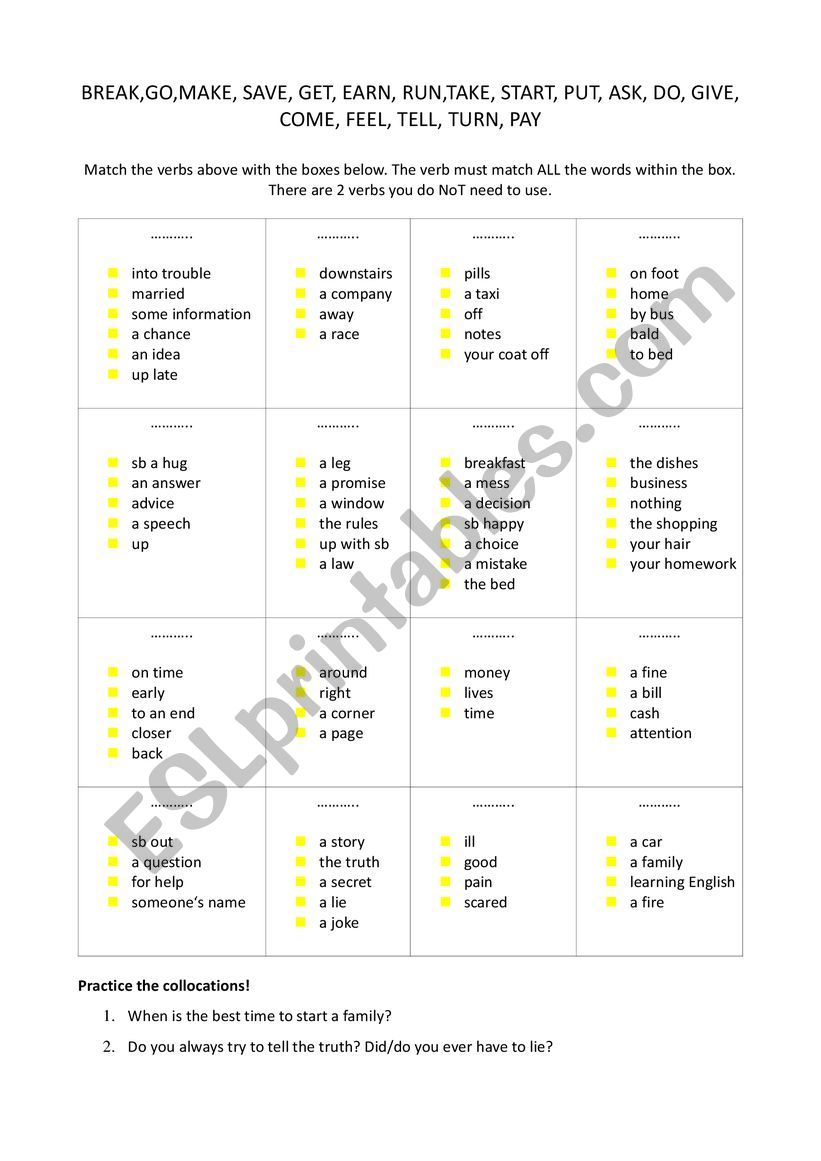 Collocations worksheet