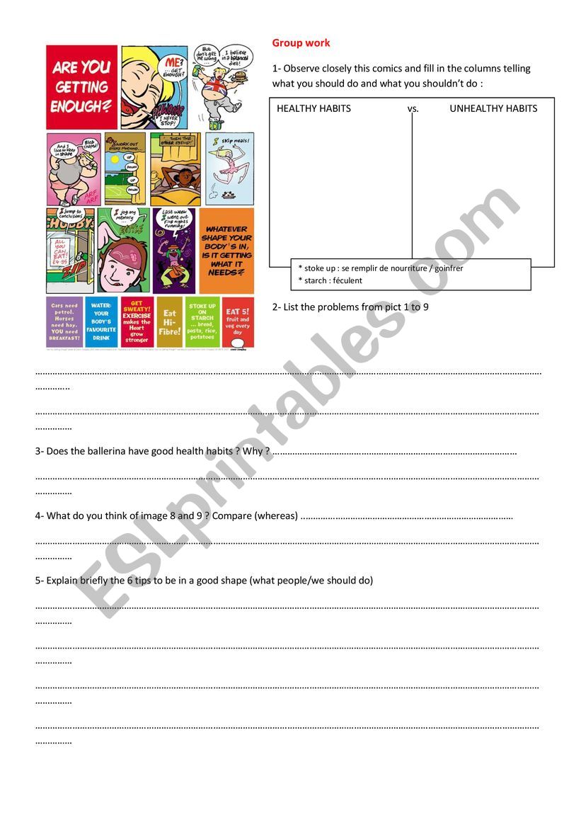 Healthy diet - group work 1 worksheet