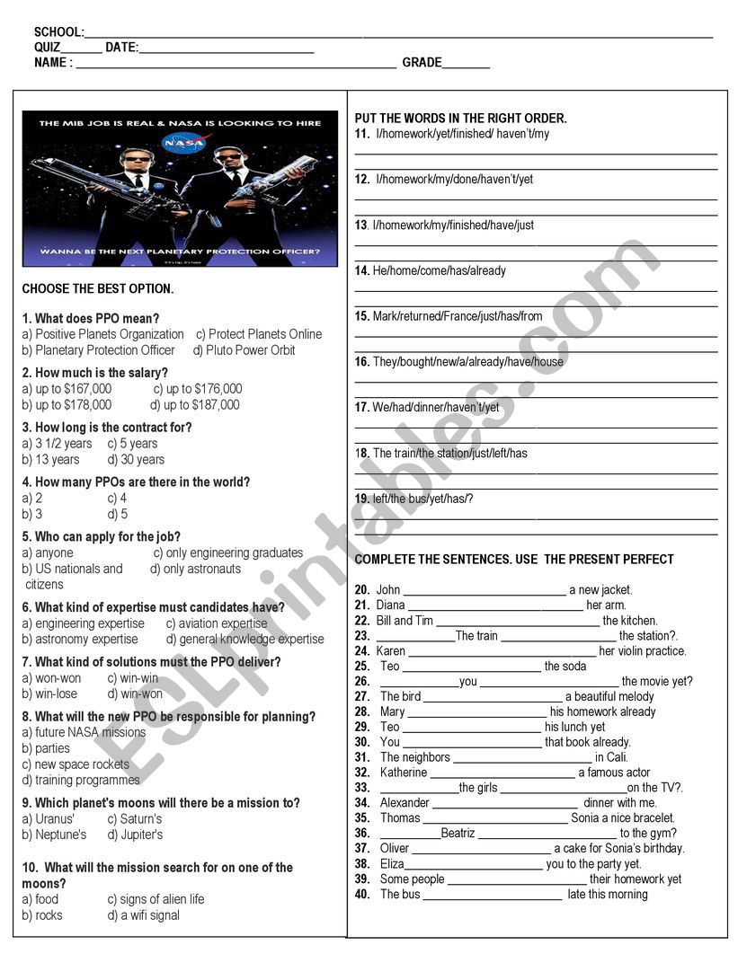 PRESENT PERFECT QUIZ worksheet