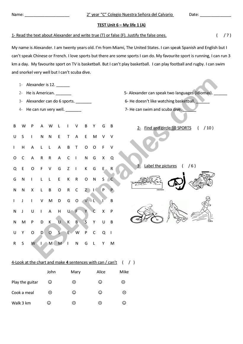 Test Unit 6 My Life 1 worksheet