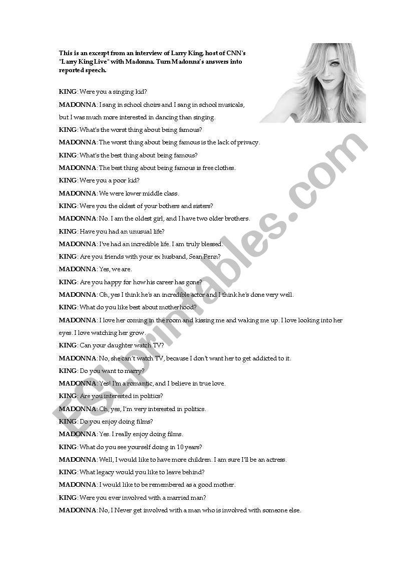 INTERVIEW WITH MADONNA worksheet