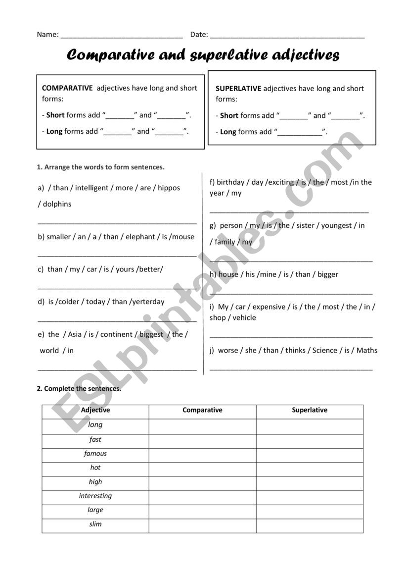 Comparatives and superlatives worksheet