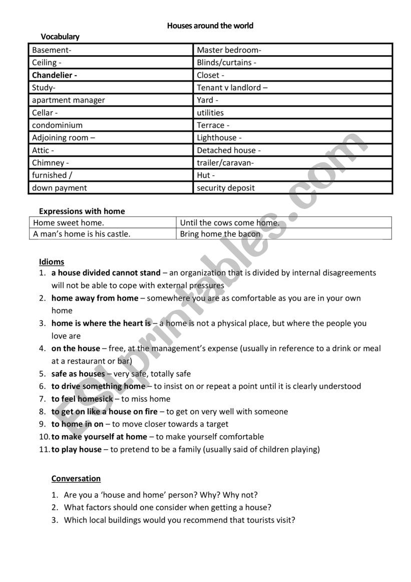 Conversation lesson on HOUSES worksheet