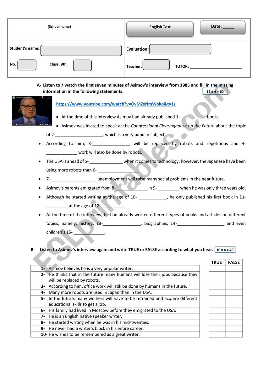 Listening - Isaac Asimov worksheet