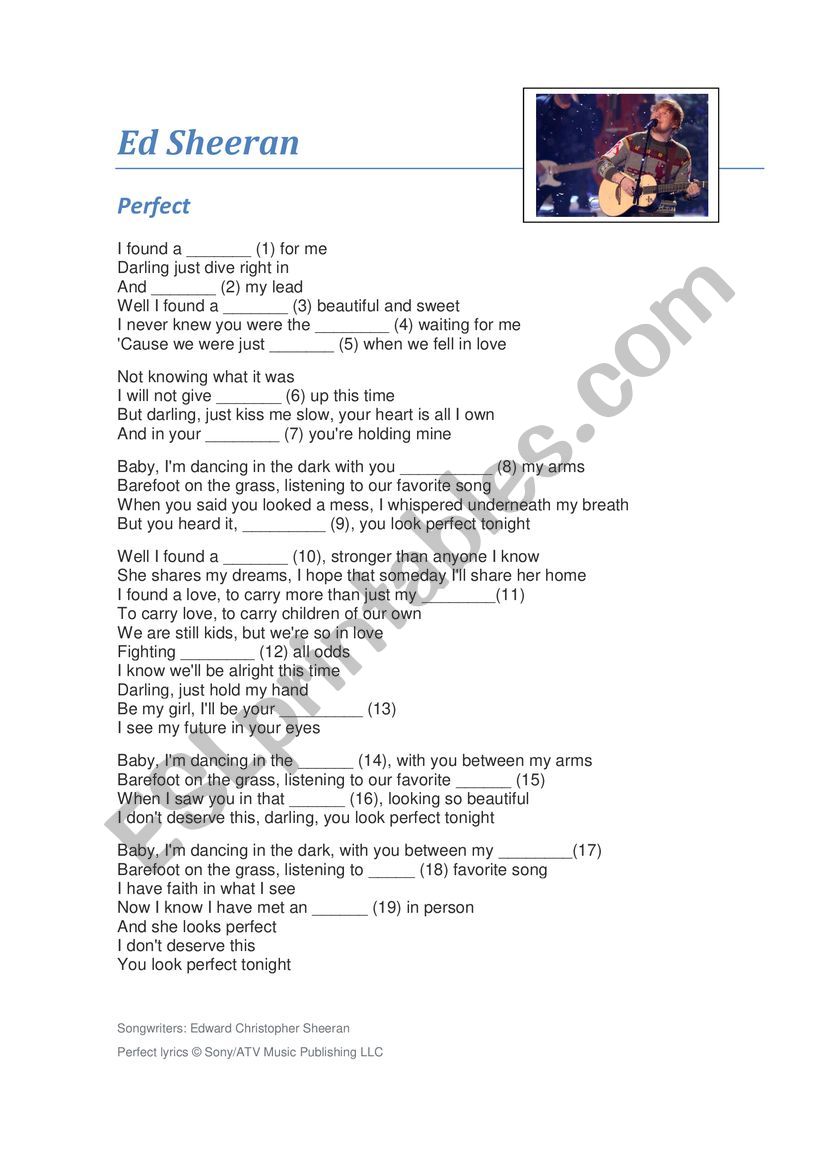 Ed Sheeran Perfect Esl Worksheet By Tati1321