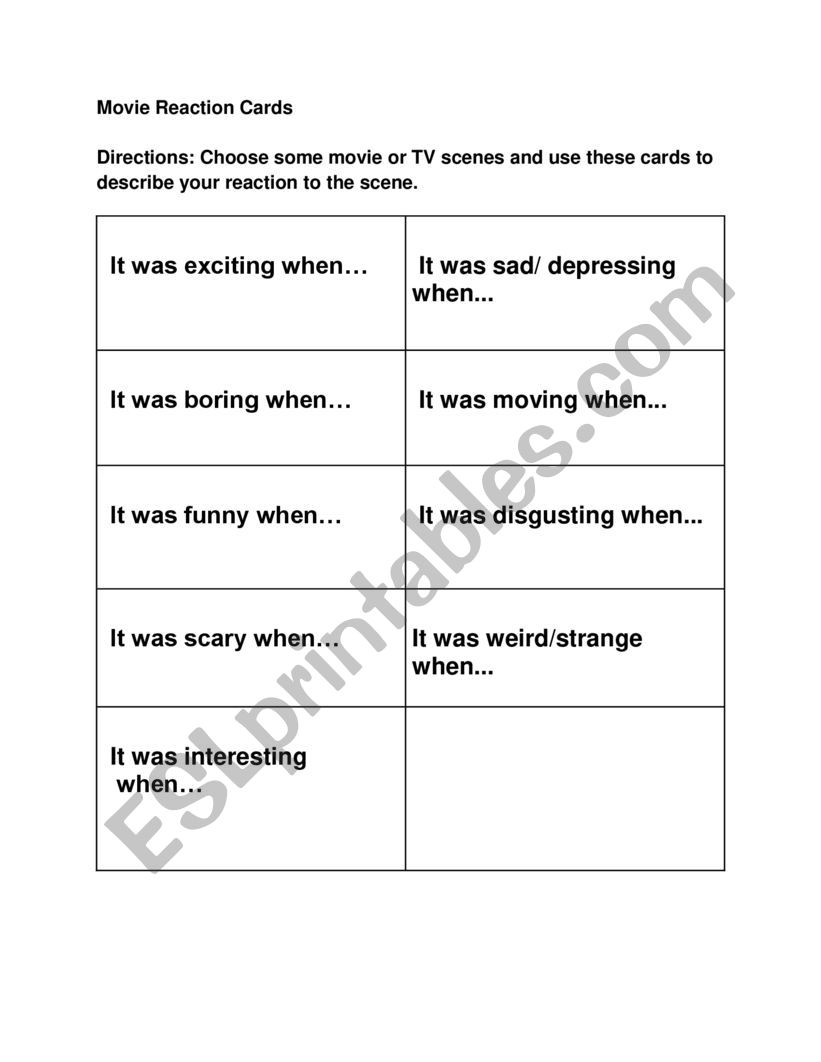 Movie Reaction Speaking Cards worksheet