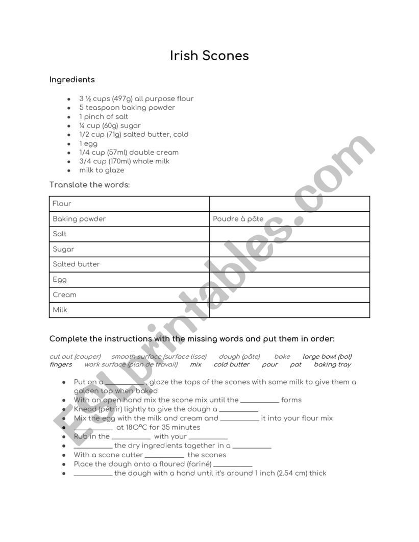 Irish scones worksheet