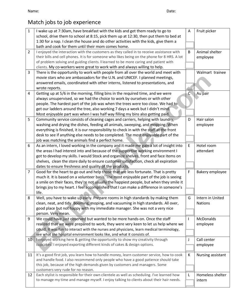 Summer jobs worksheet