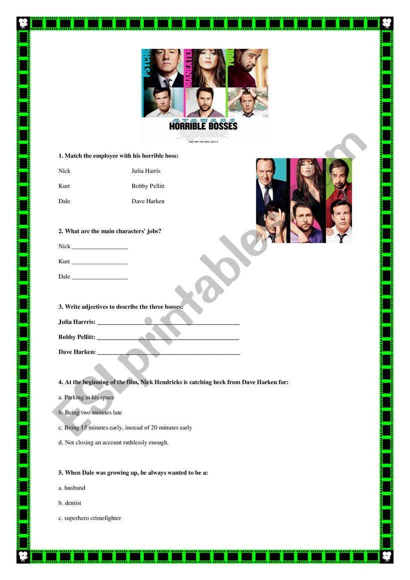 Horrible bosses  worksheet