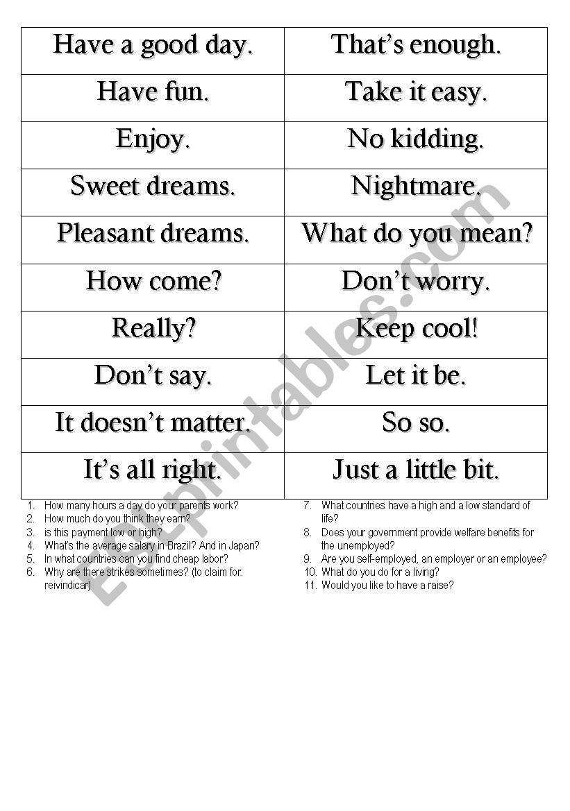 Vocabulary and expressions worksheet
