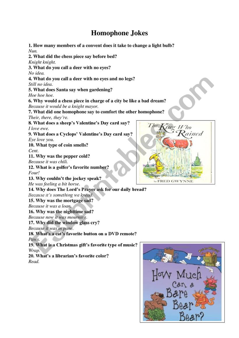 Homophone jokes worksheet