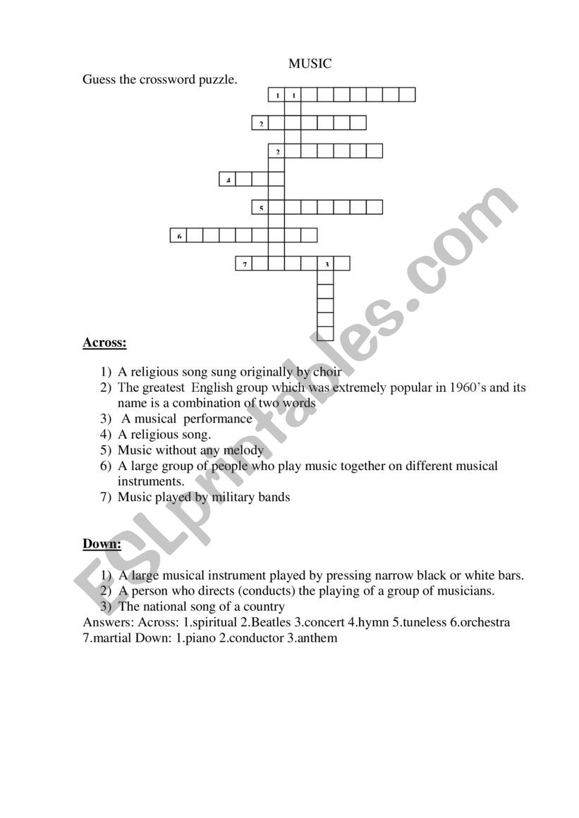 Music crossword worksheet