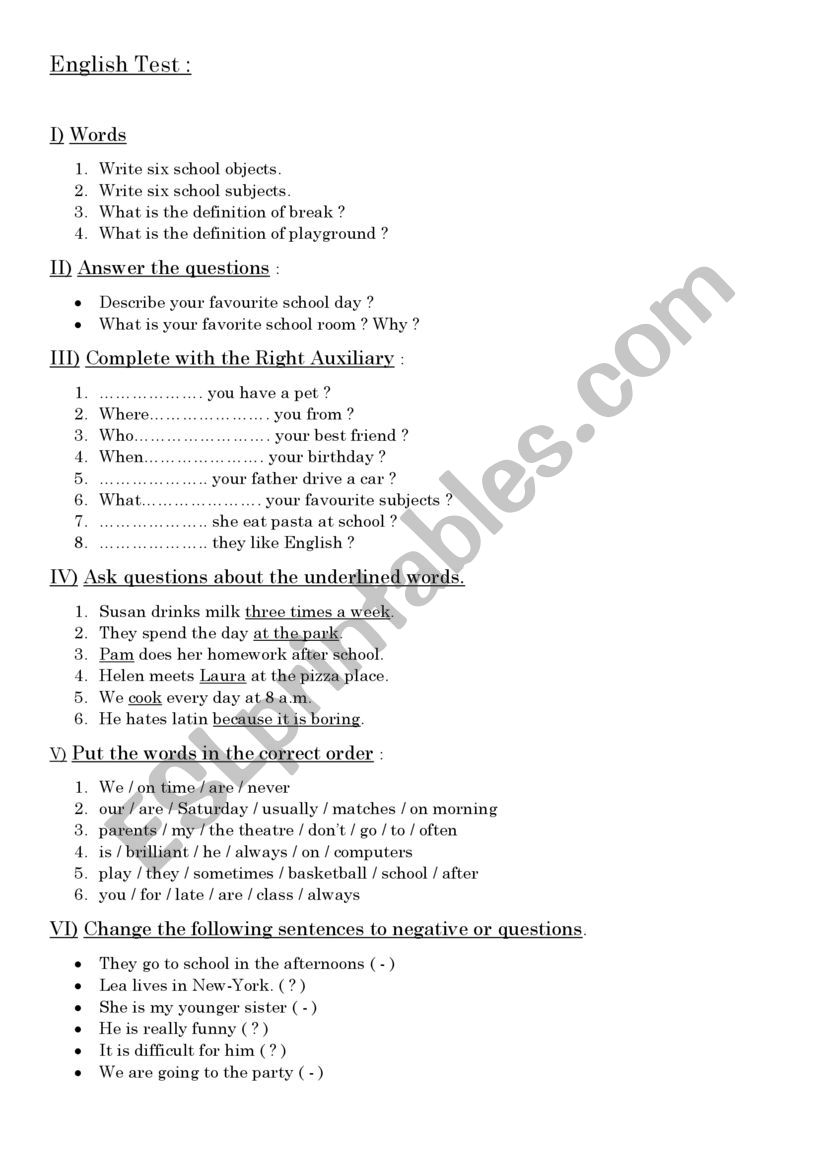 English Test worksheet