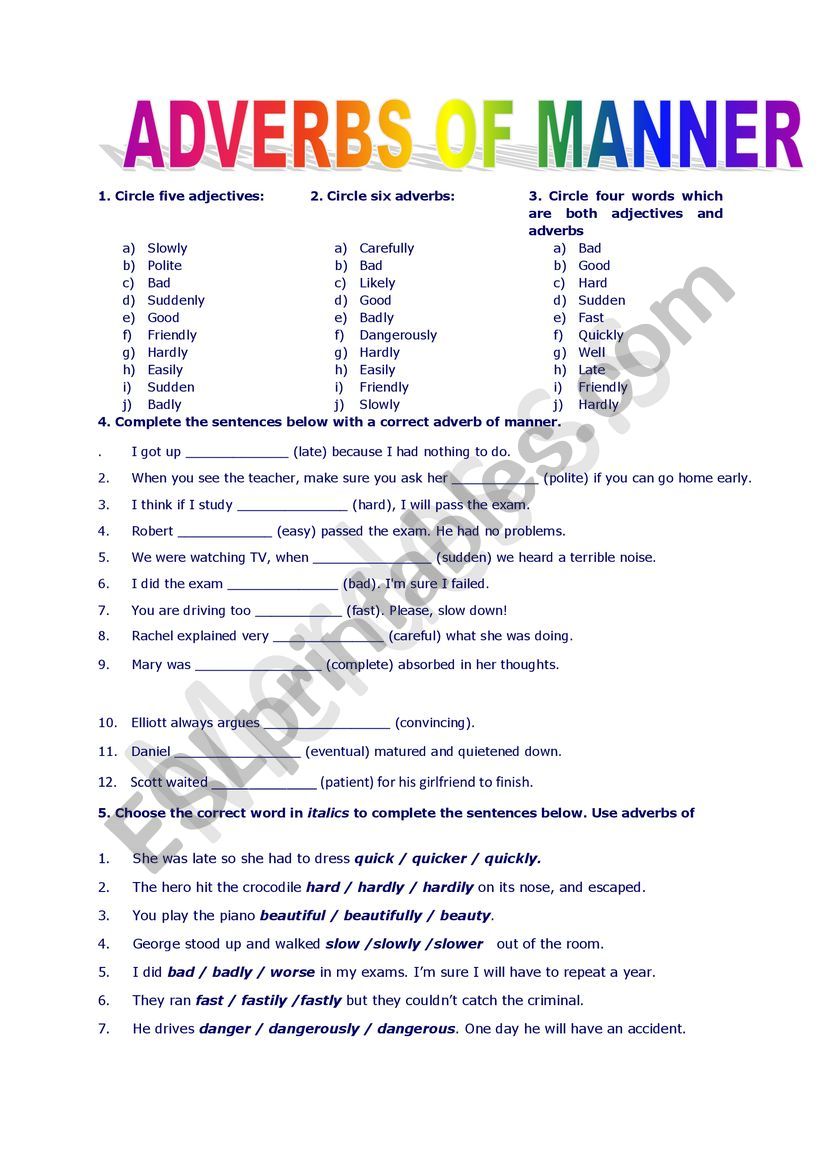 adverbs of manner worksheet