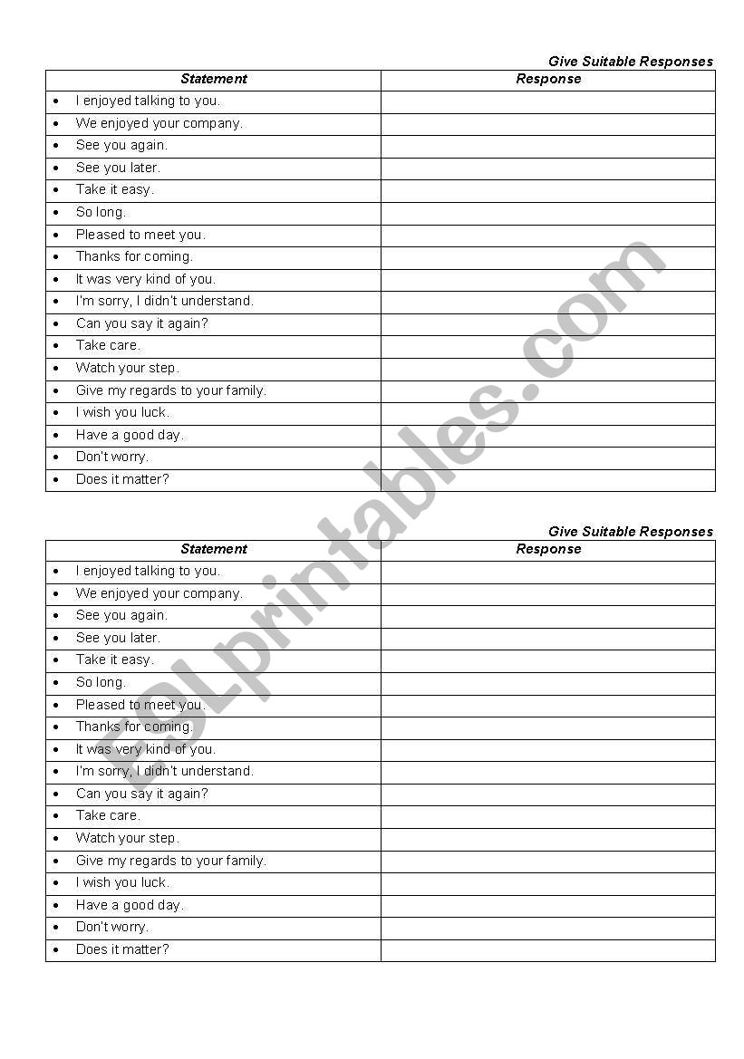 Give suitable responses worksheet