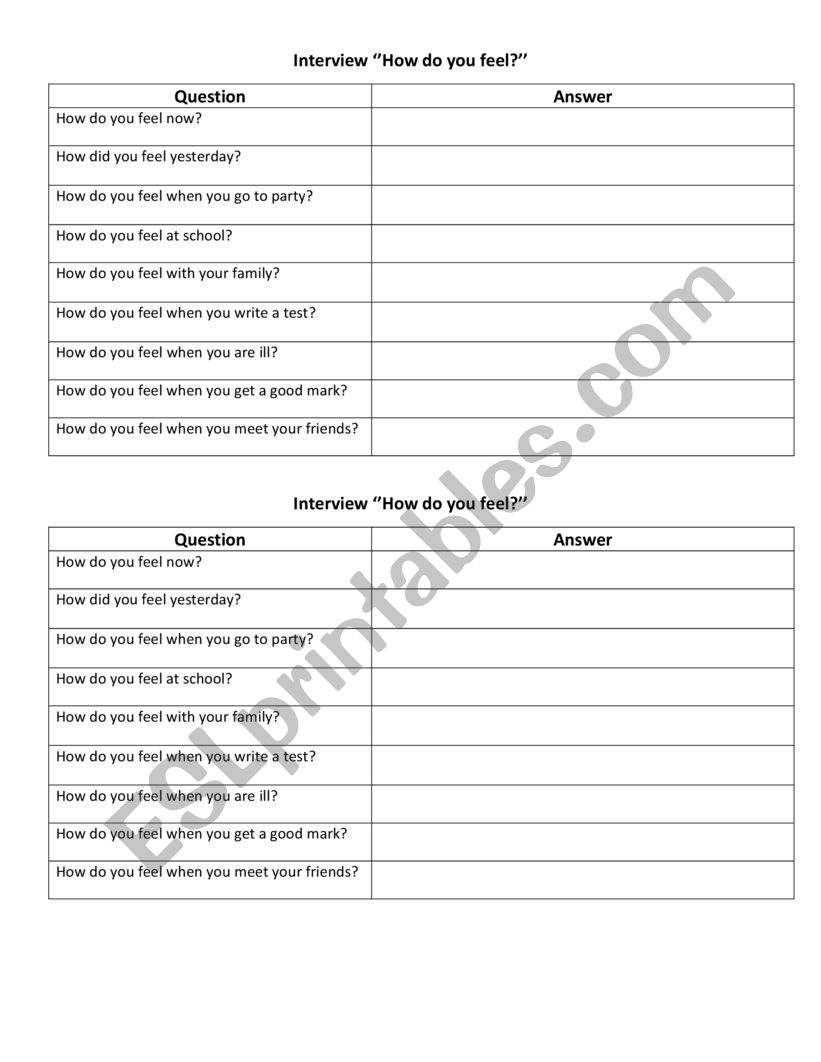 Emotion Interview worksheet