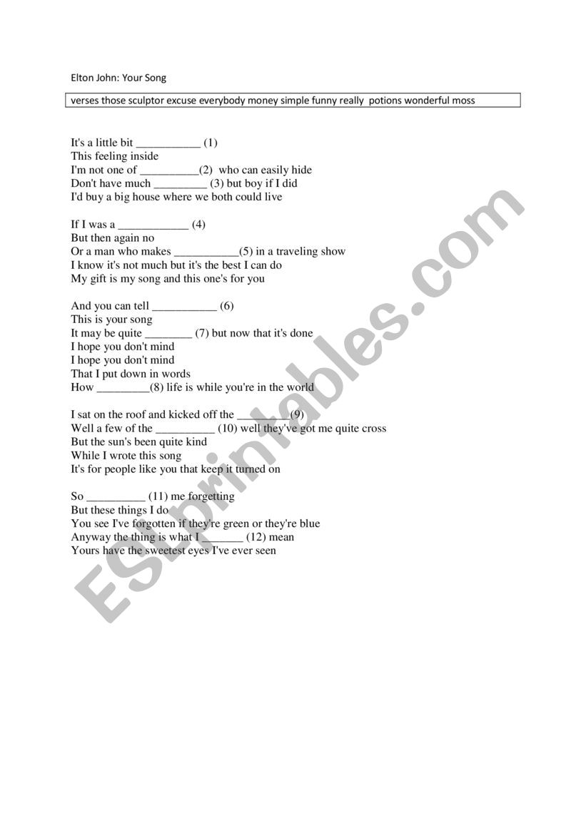Elton John, Your Song, Blanks worksheet