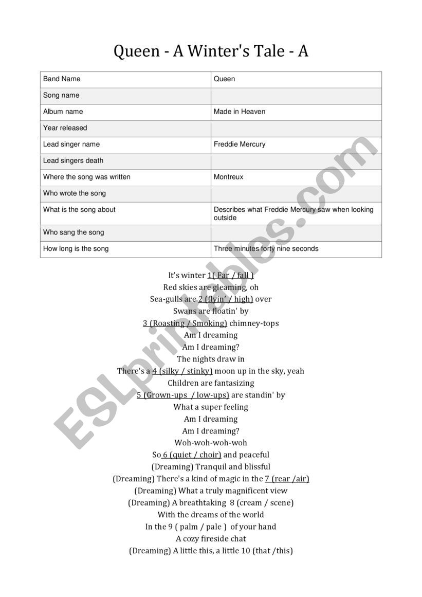 Queen - A Winters Tale worksheet