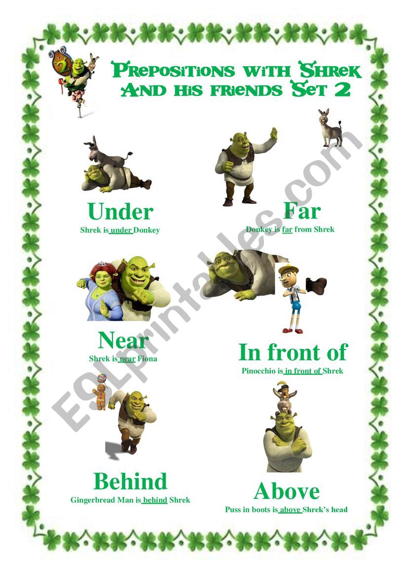 Prepositions with Shrek and his friends poster Set 2