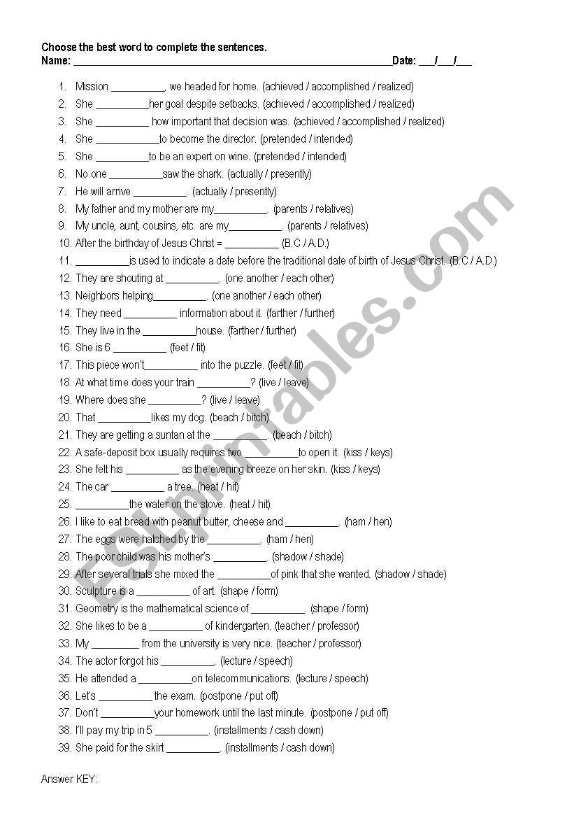 Tell me the difference - with answer key