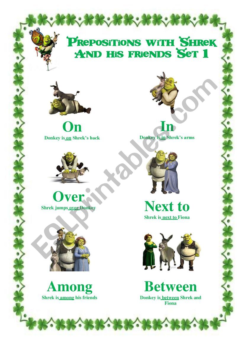 Prepositions with Shrek and his friends poster Set 1