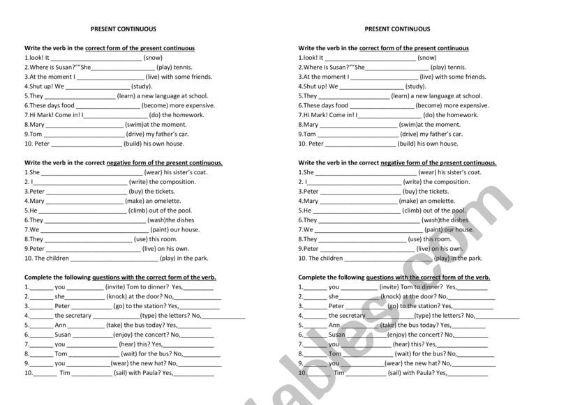 Present Continuous worksheet