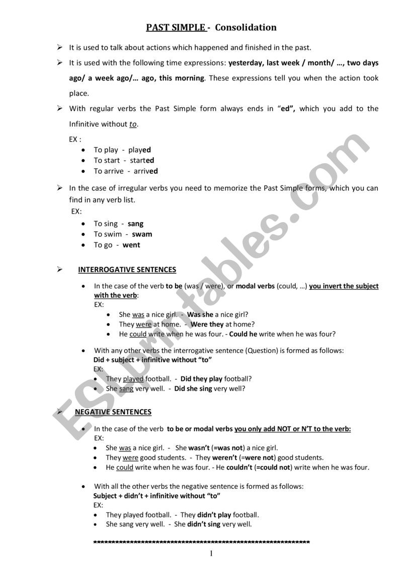 Past Simple- Consolidation worksheet