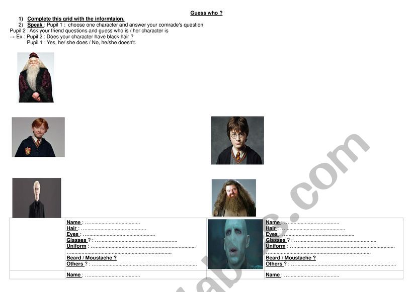 Guess Who Harry Potter worksheet