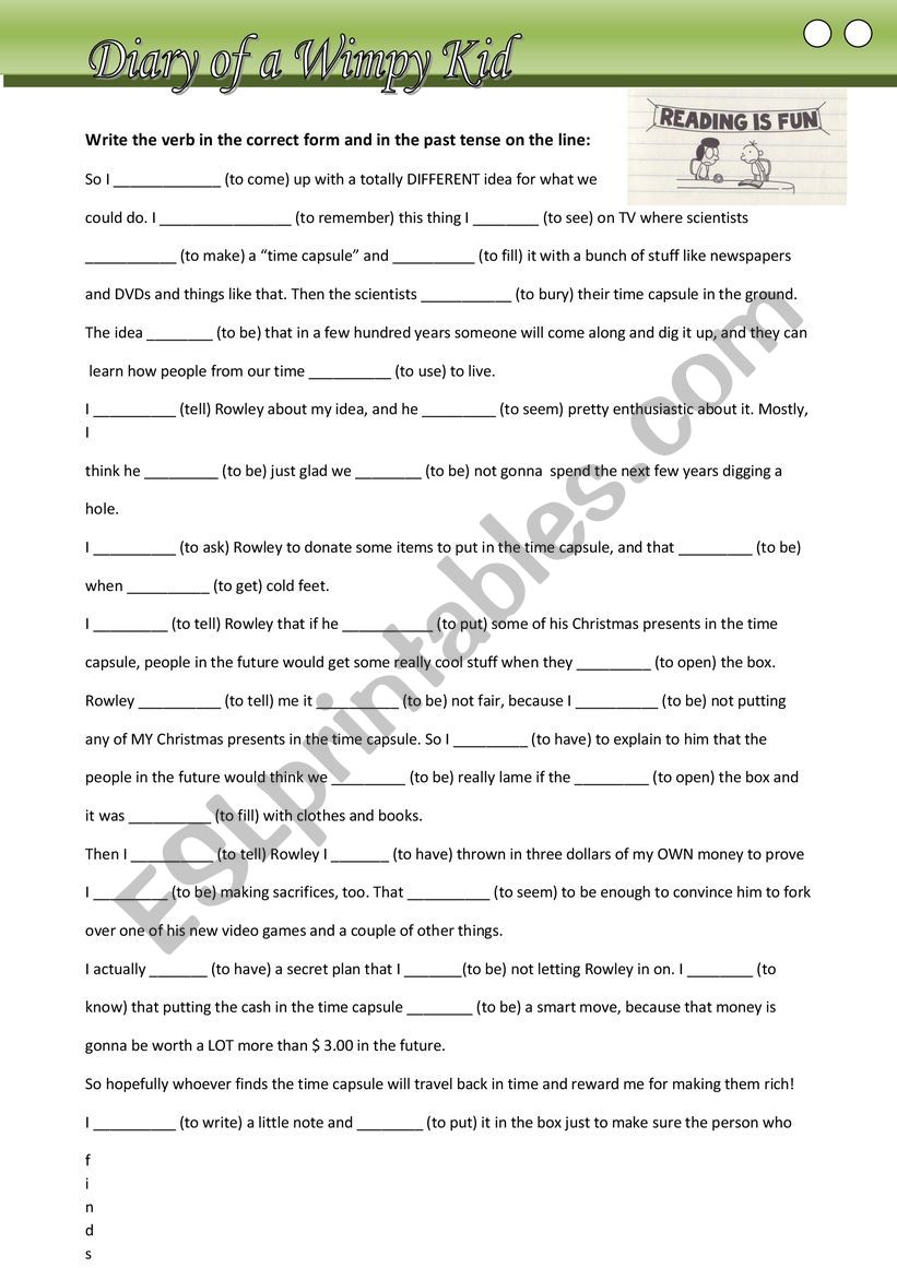 Diary of a wimpy kid activity worksheet